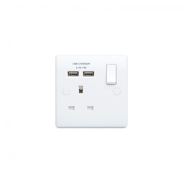 BG 白色圓角2USB 2.1A單位牆壁插座 1位13A英式插口(帶獨立開關)，連2個USB插口 821U2