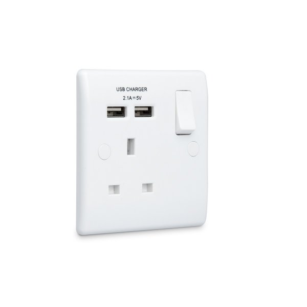 BG 白色圓角2USB 2.1A單位牆壁插座 1位13A英式插口(帶獨立開關)，連2個USB插口 821U2