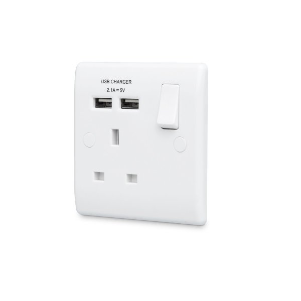 BG 白色圓角2USB 2.1A單位牆壁插座 1位13A英式插口(帶獨立開關)，連2個USB插口 821U2