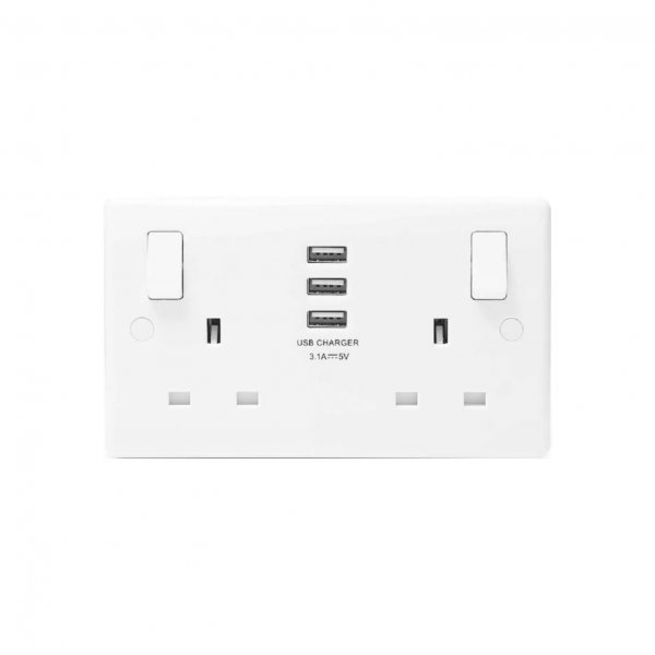BG 白色圓角3USB 3.1A雙位牆壁插座充電器 (822U33)