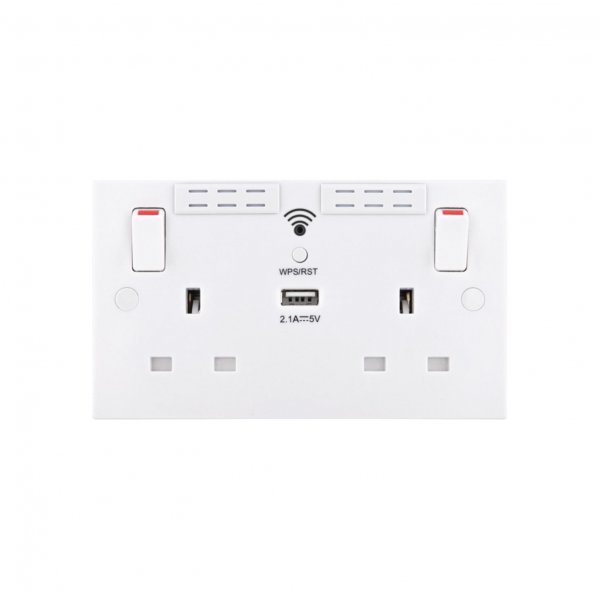BG 白色方角1USB 2.1A雙位無線信號(WIFI)延伸器牆壁插座 (922UWR)