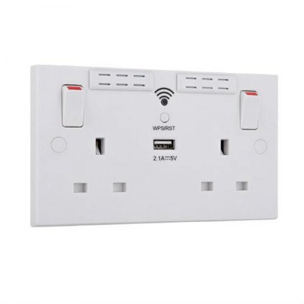 BG 白色方角1USB 2.1A雙位無線信號(WIFI)延伸器牆壁插座 (922UWR)
