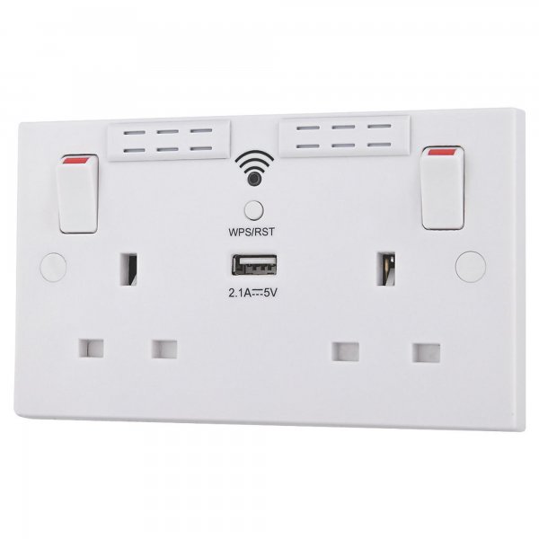 BG 白色方角1USB 2.1A雙位無線信號(WIFI)延伸器牆壁插座 (922UWR)