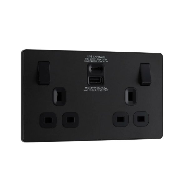 BG 啞黑膠面2xUSB(Type-A & Type-C)30W雙位插座 (PCDMB22UAC30B)