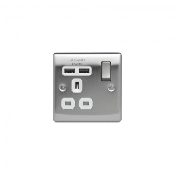 BG - 2USB 2.1A單位有掣13A插座/蘇底-拉絲鋼色/白插 (型號 : NBS21UW) BG - 2USB 2.1A單位有掣13A插座/蘇底-拉絲鋼色/白插 (型號 : NBS21UW)