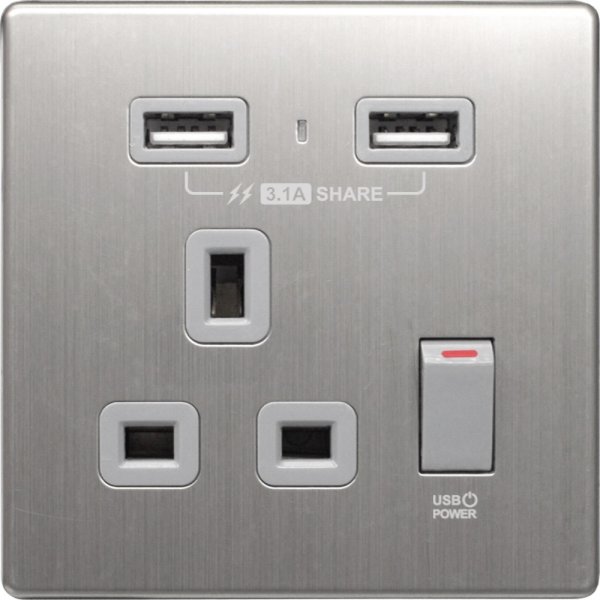 M2K AP105AM-G 3.1A 單位 單蘇 2 USB 插座 (不銹鋼系列 ) 灰色 電制 制面 電掣 掣面 插蘇