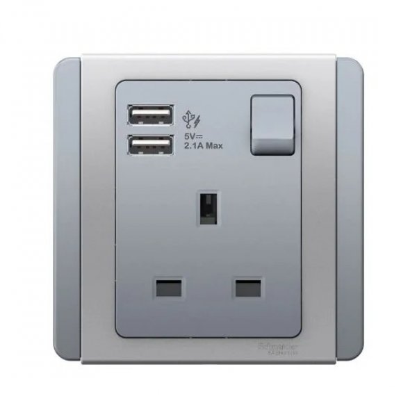 施耐德電氣  Schneider Electric NEO E3015USB_GS_C5 13A 單位連保護門有掣插座連雙位USB充電插座-銀灰色插座