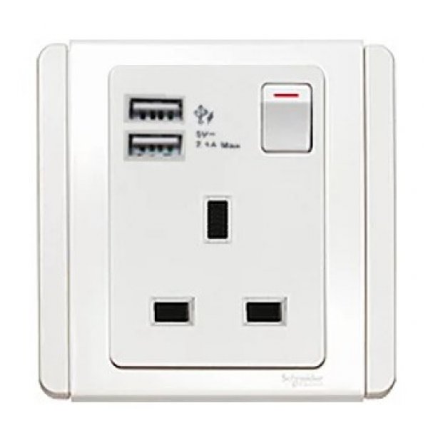 施耐德電氣  Schneider Electric NEO E3015USB_WW_C5 13A 單位連保護門有掣插座連雙位USB充電插座-凝白色插座