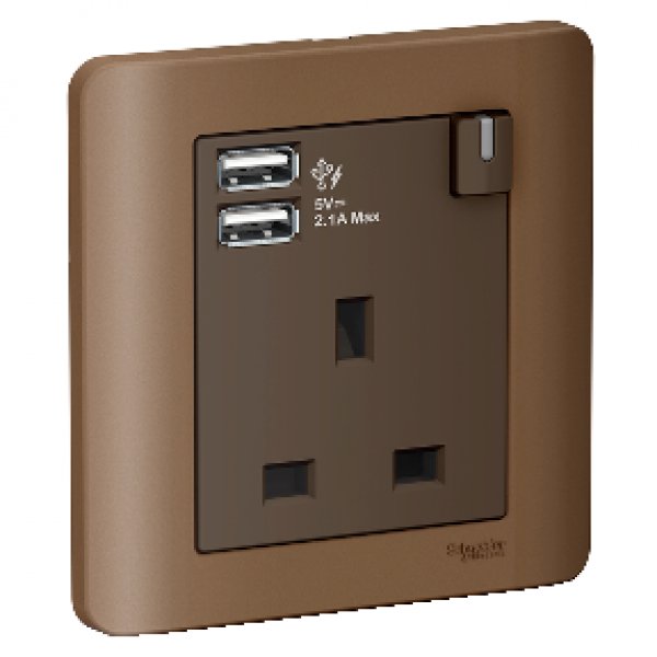 施耐德電氣ZENcelo,E8415USB_SZ_C5,13A單位連保護門有掣插座連兩位USB充電插座,銀銅