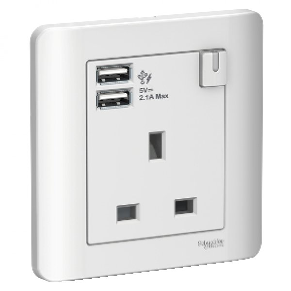 施耐德電氣ZENcelo,E8415USB_WE_C5,13A單位連保護門有掣插座連兩位USB充電插座,凝白