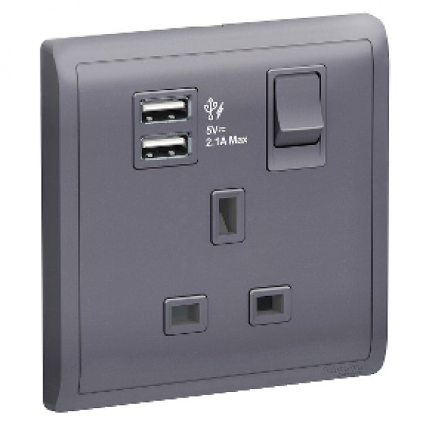 施耐德電氣 Pieno丰尚, E8215USB_LS_C5, 13A 單位連保護門有掣插座連兩位USB充電插座, 薰衣草銀